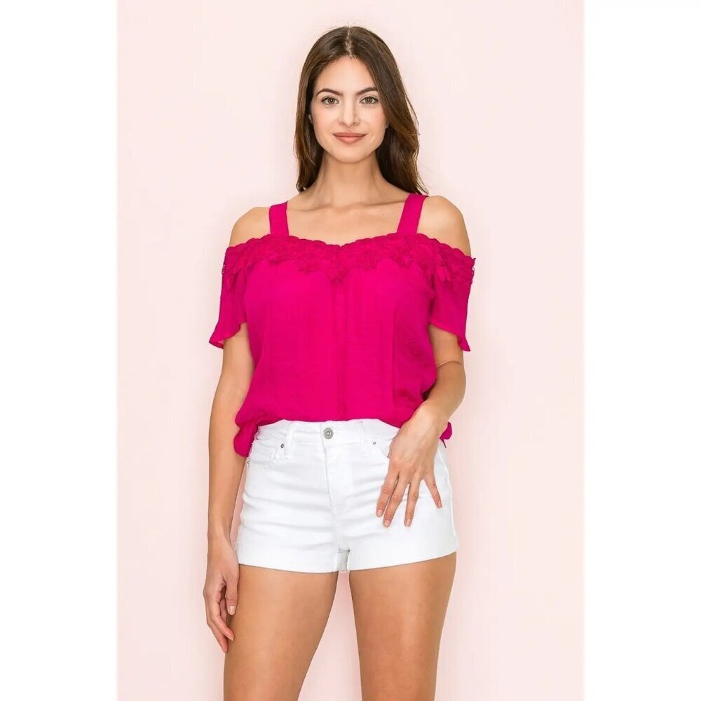 Crochet Neck Cold Shoulder Blouse